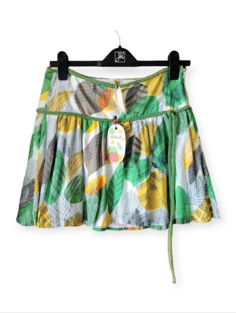 Vintage Killah Y2K Pleated Miniskirt Leaf Print Coconut Girl Green Yellow medium
